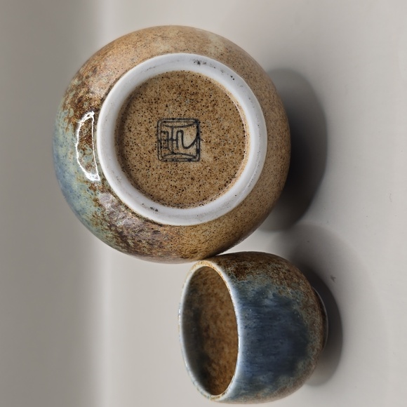 Japanese Mino Ware Sake Bottle & Cup Set Sunaji-Ainagashi Ceramic Pottery Japan - Picture 6 of 9